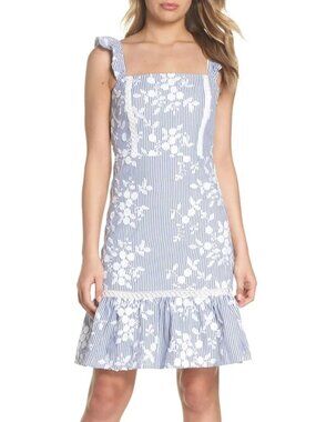 Sam Edelman NWT Cotton Blue White Stripe Floral Embroidery Dress